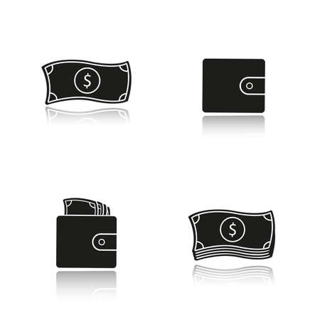 Cash drop shadow black icons set. Dollar bills stack and leather wallet with banknotes, one us dollar. Money isolated vector illustrationsのイラスト素材