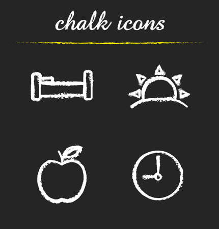 Daily timetable icons set. Bed, sunrise, apple and clock. Waking up, morning time and breakfast symbols. Healthy lifestyle isolated vector chalkboard drawingsのイラスト素材