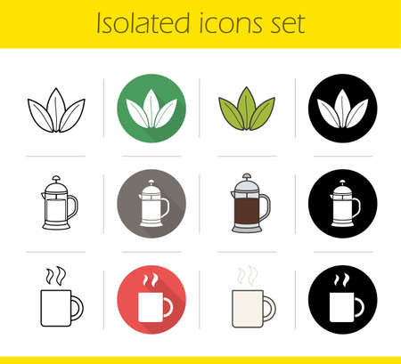 Tea icons set. Flat design, linear, black and color styles. Loose tea leaves, french press, hot steamy mug. Isolated vector illustrationsのイラスト素材