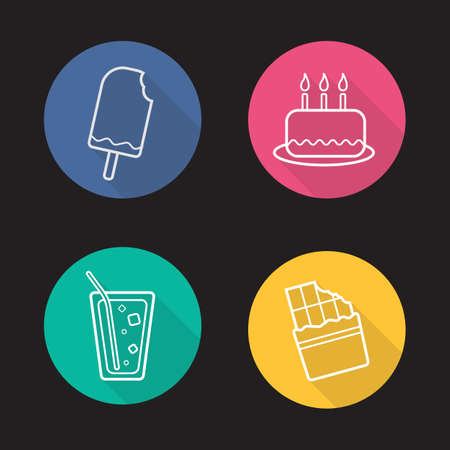 Sweets flat linear long shadow icons set. Confectionery products. Bitten ice cream, birthday cake with candles, lemonade glass with straw and ice, bitten chocolate bar. Vector line symbolsのイラスト素材