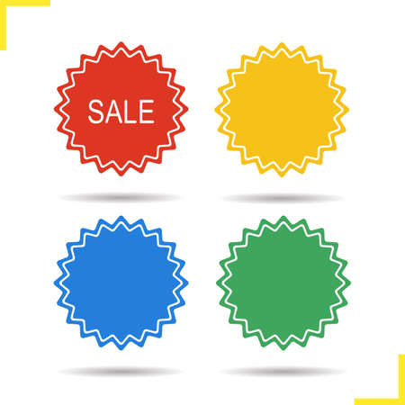 Sale stickers in different colors. Drop shadow red, blue, yellow, green badges. Web store promotion banners. Isolated illustrations. Vector red, blue, yellow, green sale labelsのイラスト素材