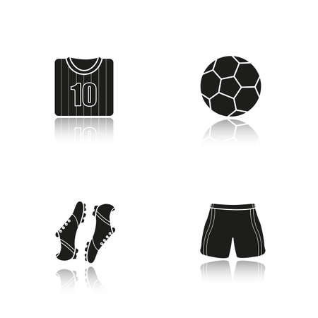 Soccer drop shadow black icons set. Football shirt, boots and shorts, ball. Soccer player's uniform. Isolated vector illustrationsのイラスト素材