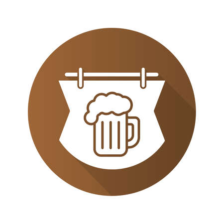 Wooden bar sign flat design long shadow icon. Pub signboard with foamy beer glass. Vector silhouette symbolのイラスト素材