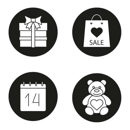 Valentine's Day icons set. Teddy bear, gift box, February 14 calendar, Valentines Day sale. Vector white silhouettes illustrations in black circlesのイラスト素材