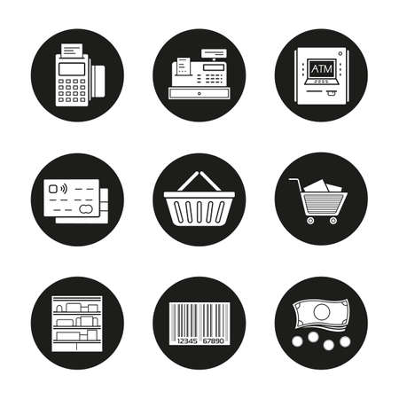 Supermarket icons set. Grocery store. Pos terminal, cash register, atm machine, credit card, shopping basket and cart, shop shelves, barcode, cash. Vector white illustrations in black circlesのイラスト素材