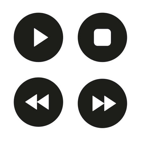 Music player navigation icons set. Play, stop, forward, backward buttons. Vector white illustrations in black circlesのイラスト素材