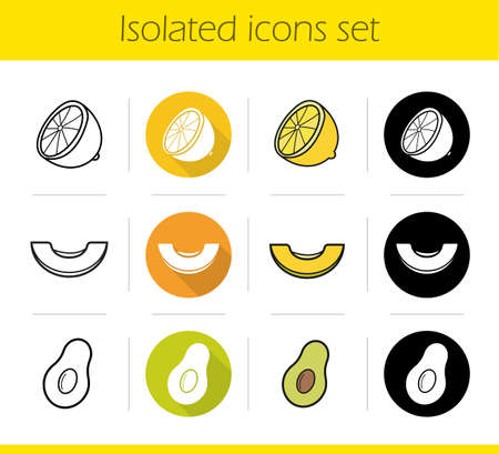 Fruit icons set. Flat design, linear, black and color styles. Lemon half, melon slice, cutted avocado. Isolated vector illustrationsのイラスト素材