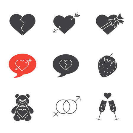 Valentine's Day icons set. February 14 silhouette symbols. Heartbreak, love messages, sex and erotic symbols, champagne, teddy bear, arrow piercing heart, candy box. Vector isolated illustrationのイラスト素材