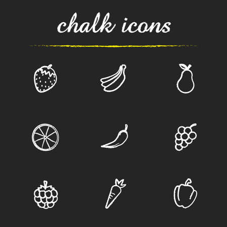 Fruit and vegetables chalk icons set. Strawberry, bundle of bananas, pear, orange, hot chili pepper, bunch of grapes, raspberry, carrot, paprika illustrations. Isolated vector chalkboard drawingsのイラスト素材