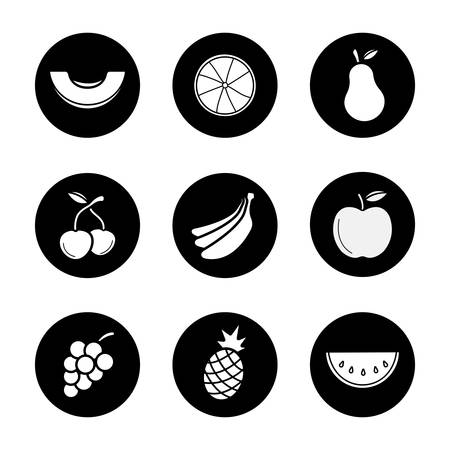 Fruit icons set. Melon slice, orange half, pear, cherries, bananas bundle, apple, grapes bunch, pineapple, watermelon. Vector white illustrations in black circlesのイラスト素材