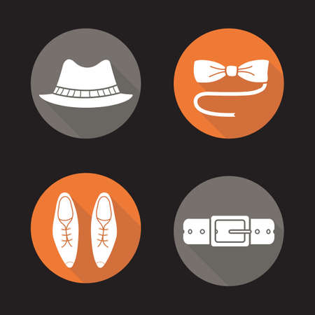 Men's accessories flat design long shadow icons set. Homburg hat, butterfly bow tie, classic leather shoes and belt. Vector symbolsのイラスト素材