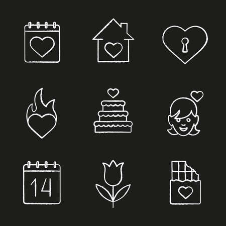 Valentine's Day chalk icons set. February 14 calendar, house, heart with keyhole, passion, wedding cake, enamoured girl, tupil, chocolate bar. Isolated vector chalkboard illustrationsのイラスト素材