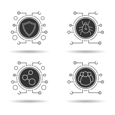 Cyber security icons set. Digital connections, virus program, user group and cyber security shield symbol. Vector white illustrations in black circlesのイラスト素材