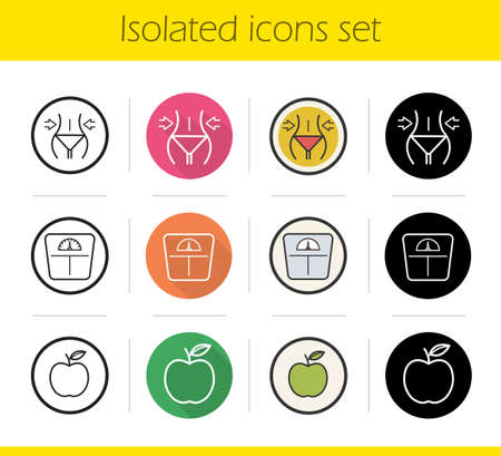 Dieting icons set. Flat design, linear, black and color styles. Weight loss, apple nutrition symbol, floor scales. Fitness. Healthy lifestyle. Diet. Sport. Isolated vector illustrationsのイラスト素材