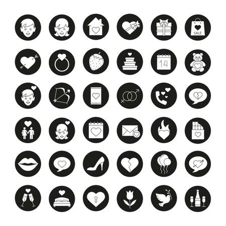 Valentine's Day icons set. Amour arrow and bow, teddy bear, present, man and woman, champagne, chatting, lovers bed, heart, 14 February. Vector white silhouettes illustrations in black circlesのイラスト素材