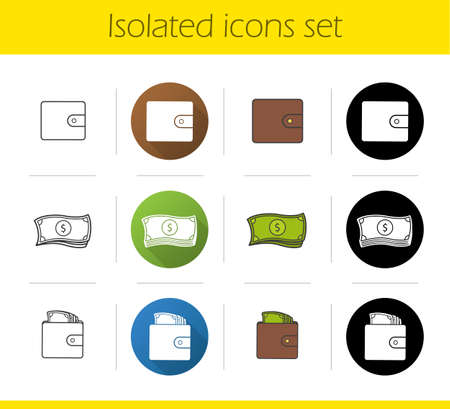 Money icons set. Flat design, linear, black and color styles. Dollar bills stack, wallet full of cash and empty purse. Isolated vector illustrationsのイラスト素材