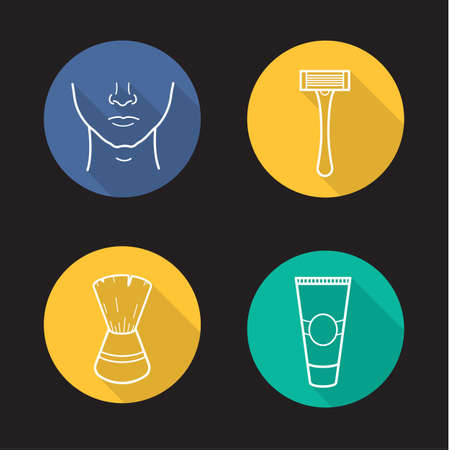 Shaving flat linear long shadow icons set. Man's face, shaving razor, brush and aftershave cream tube. Vector line symbolsのイラスト素材