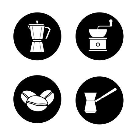 Coffee brewing icons set. Moka pot, classic coffee maker, turkish cezve, grinder and beans. Vector white illustrations in black circlesのイラスト素材