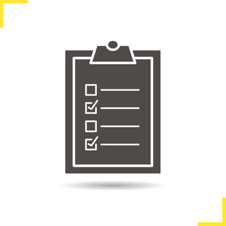 Tests checklist on clipboard with marks icon. Drop shadow silhouette symbol. Negative space. Vector isolated illustrationのイラスト素材