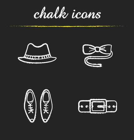 Men's accessories chalk icons set. Homburg hat, butterfly tie, classic shoes, leather belt. Isolated vector chalkboard illustrationsのイラスト素材