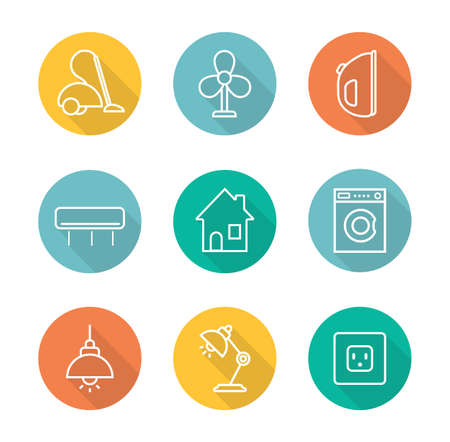 Household appliances flat linear long shadow icons set. Vacuum cleaner, iron, air conditioner, house, washing machine, ceiling and table lamps, power rosette. Home electronics . Vector line symbolsのイラスト素材