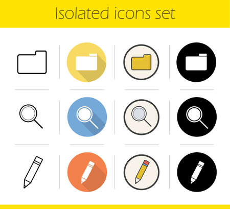 File manager icons set. Flat design, linear, black and color styles. Folder, magnifying glass, pencil. Files storage, search and edit buttons. Isolated vector illustrationsのイラスト素材