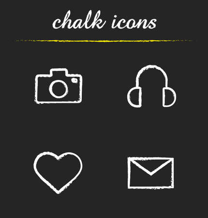 Social media chalk icons set. Photo camera, heart, letter and headphones illustrations. Isolated vector chalkboard drawingsのイラスト素材