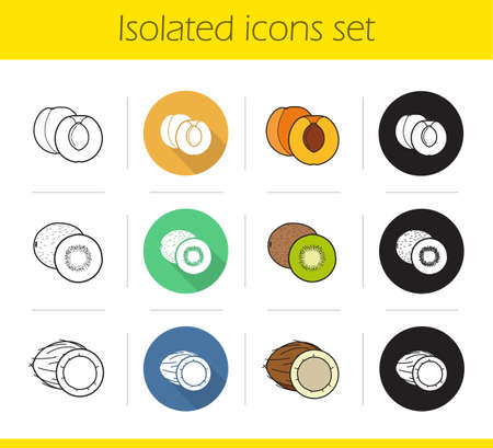 Fruit icons set. Flat design, linear, black and color styles. Cutted apricot, halved kiwi fruit, open coconut. Isolated vector illustrationsのイラスト素材