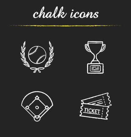 Baseball chalk icons set. Softball ball in laurel wreath, field, game tickets, trophy cup. Isolated vector chalkboard illustrationsのイラスト素材