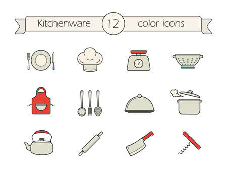 Kitchen tools color icons set. Colander, kettle, cleaver, corkscrew, rolling pin, covered dish, steaming stewpot, apron, food scales, chef's hat, plate. Kitchenware. Isolated vector illustrationsのイラスト素材