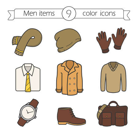 Men's accessories and clothes color icons set. Scarf, cap, gloves, shirt and tie, jacket, pullover, wristwatch, boot, bag. Autumn fashion. Isolated vector illustrationsのイラスト素材