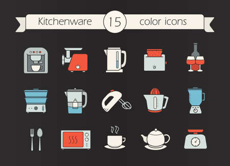Kitchen appliances color icons set. Coffee machine, mincer, kettle, toaster, steam cooker, mixer, water filter, juicer, blender, teapot, scales, microwave oven. Isolated vector illustrationsのイラスト素材