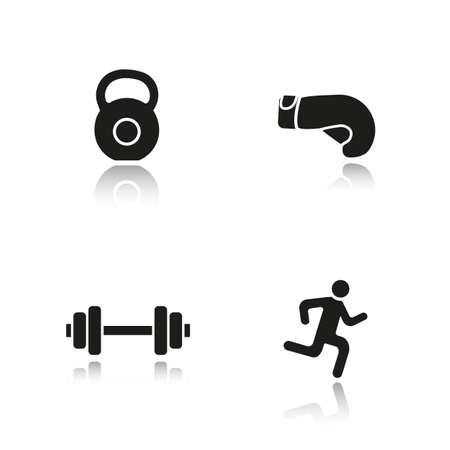 Sport and fitness drop shadow black icons set. Gym dumbbell and kettlebell, running man and boxing glove. Active lifestyle. Isolated vector illustrationsのイラスト素材
