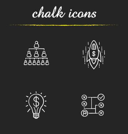 Business concepts chalk icons set. Company hierarchy, problems solving, successful idea and spaceship. Isolated vector chalkboard illustrationsのイラスト素材