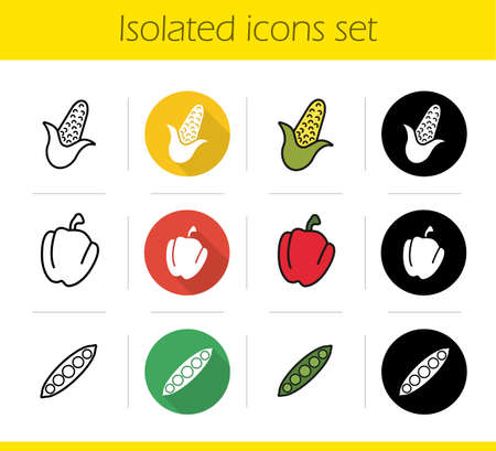 Vegetables icons set. Flat design, linear, black and color styles. Corn, paprika, open pea pod. Bell pepper and maize. Isolated vector illustrationsのイラスト素材