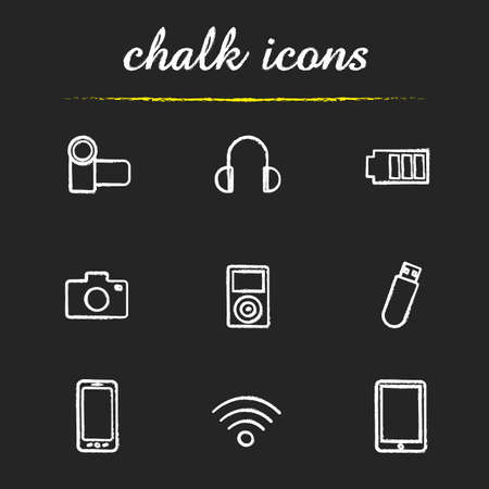 Gadgets chalk icons set. Video and photo camera, headphones, battery charge, mp3 player, usb flash drive, smartphone, wifi, tablet computer. Isolated vector chalkboard illustrationsのイラスト素材