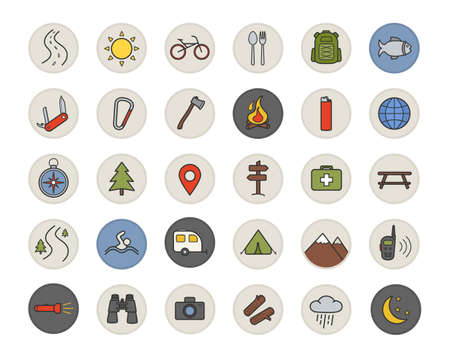 Camping color icons set. Tourist's equipment. Tent, compass, binoculars, penknife, campfire, backpack, photo camera, lighter, axe, carabiner, trailer, first aid kit. Isolated vector illustrationsのイラスト素材