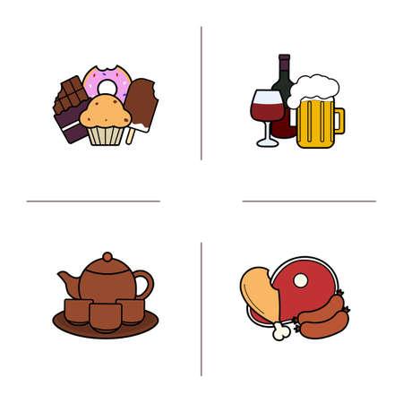 Food categories color icons set. Confectionery, alcohol drinks, tea set, meat products. Isolated vector illustrationsのイラスト素材