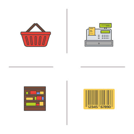 Supermarket color icons set. Shopping basket, cash register, bar code, shop shelves. Grocery store items. Isolated vector illustrationsのイラスト素材