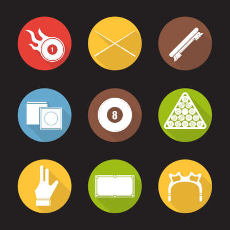 Billiard flat design long shadow icons set. Pool game equipment. Burning ball, crossed cues, brush, chalk, eight ball, ball rack, glove, table and rest head. Vector silhouette symbolsのイラスト素材