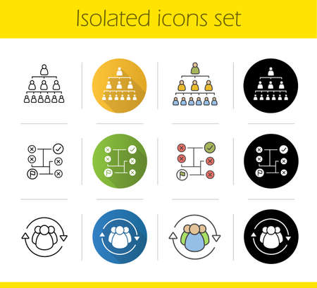 Business concepts icons set. Flat design, linear, black and color styles. Company hierarchy, problems solving, staff turnover. Isolated vector illustrationsのイラスト素材