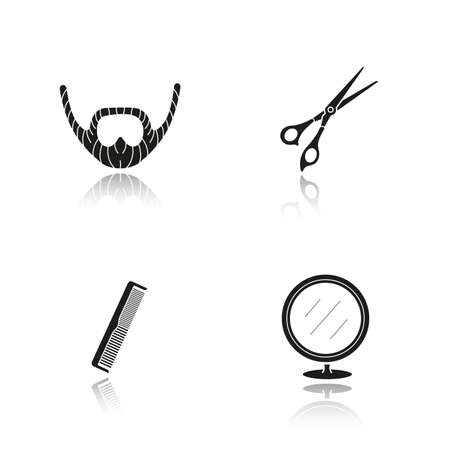 Barbershop drop shadow black icons set. Beard, scissors, comb, round mirror. Isolated vector illustrationsのイラスト素材