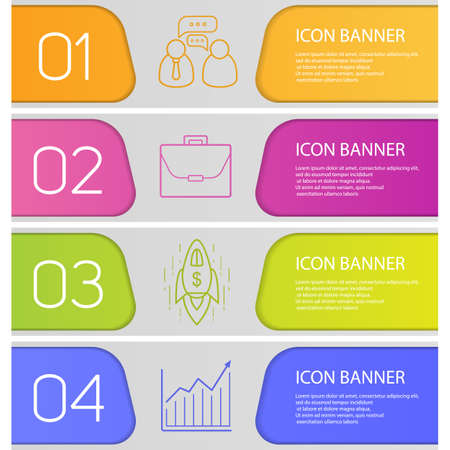Business banner templates set. Easy to edit. Briefcase, working conversation, growth chart and spaceship. Website menu items with linear icons. Color web banner. Vector headers design conceptsのイラスト素材