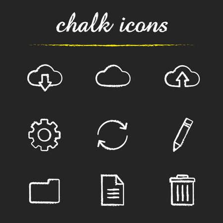 Cloud computing chalk icons set. Online data storage. Upload and download arrows, settings, refresh, edit, new folder and document, delete digital symbols. Isolated vector chalkboard illustrationsのイラスト素材