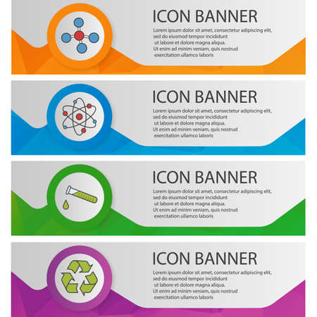 Science lab banner templates set. Easy to edit. Atom and molecule, recycle symbol and chemical test tube website menu items. Color polygonal web banner concepts. Vector backgroundsのイラスト素材