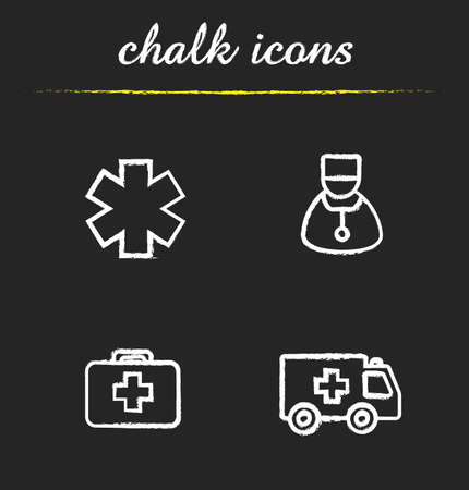 Medical chalk icons set. Star of life, doctor, ambulance car, first aid kit, therapist illustrations. Isolated vector chalkboard drawingsのイラスト素材