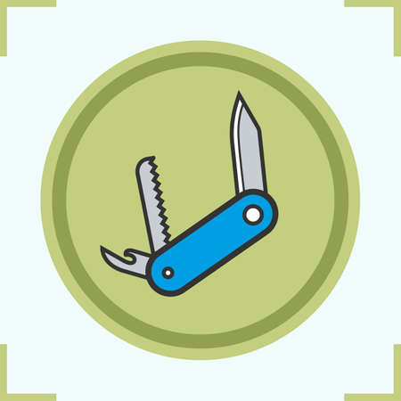 Penknife color icons set. Multifunctional red pocket knife. Isolated vector illustrationのイラスト素材