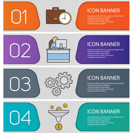 Business banner templates set. Easy to edit. Sales funnel, work time, briefcase, cogwheels and office worker. Website menu items. Color web banner. Vector headers design conceptsのイラスト素材