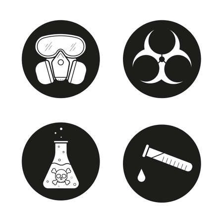 Chemical industry icons set. Gas mask, boiling poison liquid, chemical test tube and biohazard danger symbol. Vector white illustrations in black circlesのイラスト素材