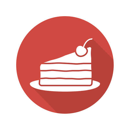 Piece of cake with cherry on plate flat design long shadow icon. Vector silhouette symbolのイラスト素材